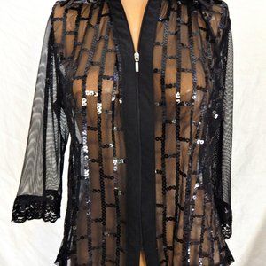 Sexy Black Net Top- Sequin Accents-Zip Front-Lge.